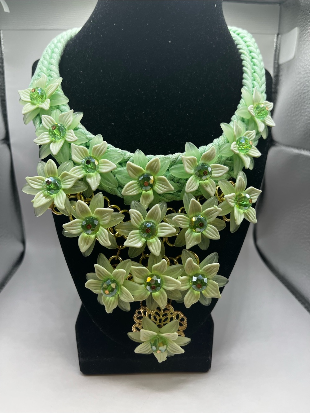 Green Chroma, Green Glass and Green AB stones Bib statement necklace - Picture 4 of 15